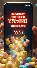 A smartphone displays a frantic alert on how to spot a scam, warning that funds are converting to candy. Multicolored marshmallow peeps and digital coins spill out of the screen onto a desk as a four-second timer counts down.