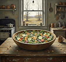 A painting in the style of Andrew Wyeth featuring a garden variety salad of fresh greens and vegetables mixed with carved zodiac symbols in a large wooden bowl on a rustic kitchen table.