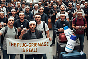 Satirical image of a crowd of men in a Turkish airport. All are sporting head bandages, and two of them are holding a sign about Turkish Hair Transplants.