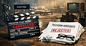 Television horoscopes illustration showing abandoned TV pilot set with cancelled clapperboard and rejected scripts.