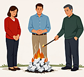 Illustration for Returning Valentine Presents showing three adults solemnly gathered around a small, carefully contained fire made of curling paper receipts, one holding a long match like a ceremonial torch.