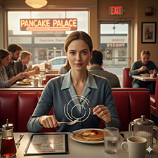 An image of meteorologist Courtney Stratus sitting in a red booth at the Pancake Palace while providing her unique fashion tips. She wears a slate-gray cardigan and a light blue blouse,