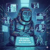 Pensive astronaut surrounded by screens in spacecraft