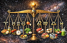 Weight loss horoscopes illustration: cosmic scale balancing zodiac signs with diet foods in space.