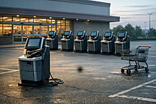 Self-checkout machines form a picket line in a supermarket parking lot at dawn, with unplugged cords and a lone shopping cart facing them.