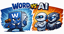Cartoon image for Word vs AI showing an angry Word document with a gavel facing a calm AI robot across a split background, posed like a simple showdown scene.