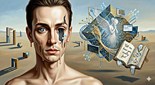 Man with binary eye, glowing circuits holding shy female AI, open book text: "Tell me how you really feel," in desert. For AI groupies concept.