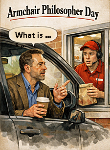 Armchair philosopher at a fast food drive-thru lecturing a confused employee about the meaning of success while sitting in his car
