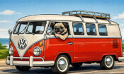 Dog peeking out window of red VW van