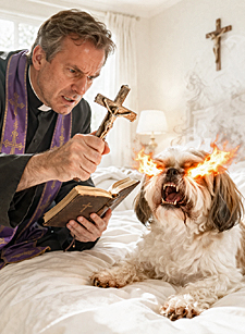 Priest wielding a crucifix performs exorcism on a Shih Tzu with flaming eyes during Vatican exorcism summit.
