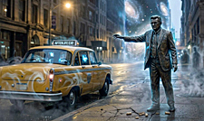 A surreal, atmospheric photograph of a bronze statue of Joe Paterno, hailing a yellow taxi on a rain-slicked city street at dusk.