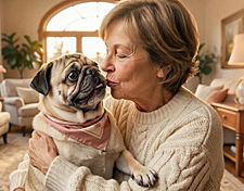 A warm, golden-hour photo of a woman kissing her fawn Pug, perfect for celebrating Kiss your dog on the mouth day with a sweet moment of pure joy.