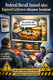 Illustration of a refrigerator containing expired leftovers that have become sentient, including a smug lasagna speaking to hazmat inspectors during a federal recall investigation.