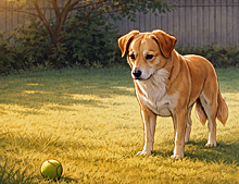 Medium-size tan-and-white og pauses during fetch, staring at tennis ball in grass as if calculating effort, embodying load management and the logic of conserving energy now