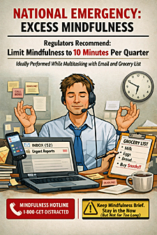 Office worker tries to meditate at cluttered desk while emails, phone alerts, and a grocery list pile up, illustrating the modern crisis of too much mindfulness meditation.