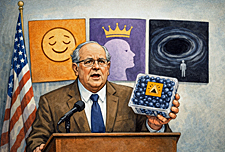 FDA press briefing cartoon shows emotional side effects labels on blueberries, with posters warning of hubris, wistfulness, and mood swings.