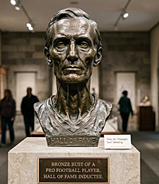 National Football League (NFL) Hall of Fame bronze bust of a gaunt player in a museum with text detailing its specific "Ozempic face" features and look.