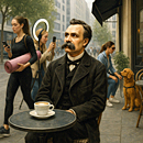 Friedrich Nietzsche sitting at an outdoor cafe with a cup of coffee.