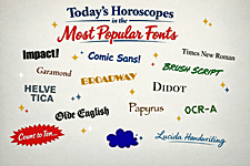 Illustration for Today's Horoscopes in the Most Popular Fonts. Multicolored font names like Impact, Comic Sans, Garamond, and Papyrus scattered on beige background with stars and zodiac symbols.