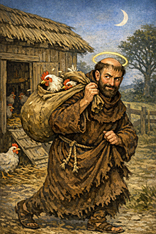 St. Polycarp the Bold sneaks from a henhouse with three live chickens in a sack—Holy Horoscopes claims this relic theft improves forecasting accuracy.