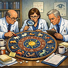 FDA-style inspectors examine a zodiac wheel at a conference table, humorously reviewing astrology predictions for harmful side effects.