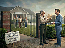 A stoic guard checks a passport at the pool. Behind the gate, residents hum the new national anthem with the precise level of disapproval mandated by the HOA.