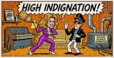 A cartoon illustration from Toni Tennille: A Memoir, depicting Toni in a purple jumpsuit wielding a broom at Daryl Dragon, who is in a captain’s hat, sunglasses, and near a $10,000 silence generator.