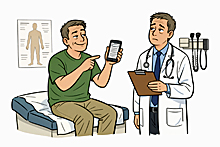 Illustration for Don’t Trust Your Doctor Day showing a skeptical patient in an exam room citing a phone while a tired doctor listens.