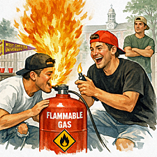 Watercolor illustration of two young men from West Chester, PA, crouched over a red flammable gas canister on the grounds of a building flying a West Chester University pennant. One man ignites a spectacular flame while the other laughs.