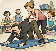 Cartoon illustration for What Would Nietzsche Do? Yoga Class Humiliation showing philosopher Friedrich Nietzsche in formal 19th-century clothing awkwardly attempting a yoga pose while an instructor adjusts him.