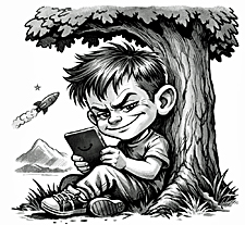 snarky young kid sitting under a tree reading a book