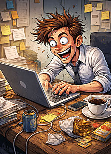Frazzled man typing frantically at cluttered desk, eyes wide, surrounded by chaos, embodying Write Your Own Algorithm Day and desperate control of digital life