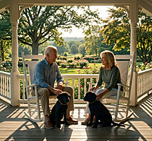 Former President Joe Biden and wife Jill relax on a porch with the Bidens new dogs, two black Lab puppies Boo and Scout, adopted from Tennessee.