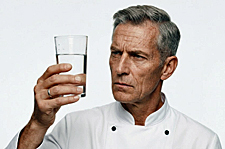 Chef Lucien Vael examines a glass of tap water with the expression of a man who has catalogued your boiling water mistakes..