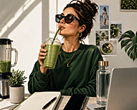 Woman sipping green smoothie in a sunlit workspace, projecting calm wellness culture and curated control, illustrating what your breakfast says about you.