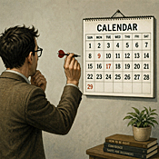 person aiming a dart at a wall calendar in a quiet room