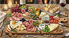 A lavish charcuterie board displays cured meats, artisan cheeses, honeycomb, cornichons, figs, grapes, olives, and crackers by candlelight.