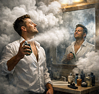 The illustration for the how to apply cologne satire piece. Man applying excessive cologne in bathroom, thick fog filling the room as he admires himself in mirror,