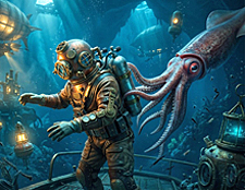 A diver in a brass helmet practices extreme mindfulness while a giant squid taps his oxygen tank in a surreal, deep-sea world.
