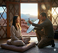 Wellness influencer meditates serenely in a Sedona yurt while her boyfriend kneels beside her, holding a reflector and filming on his phone.
