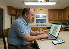 Illustration for My AI hates me. Gerald Fitch of Chester County, PA, updates his AI grievance spreadsheet at the kitchen table. His phone, face-up nearby, glows quietly. 