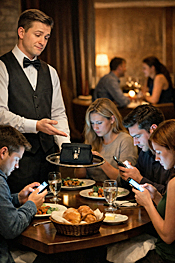 Restaurants banning cell phones illustration: a waiter presents locked pouch to distracted diners who are glued to screens while untouched food sits cooling on table