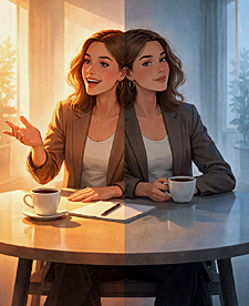 Split figure at table, one side animated and warm, the other calm and cool, with two coffee cups, reflecting anti-hero duality and conflicting perspectives.