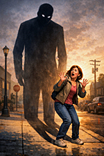 Tall shadow looming behind frightened woman on city street at dusk, illustrating absurd shadow government crisis and disorientation among unsuspecting citizens.