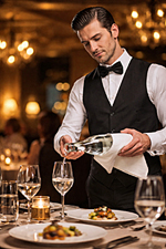 waiter pours water from a cloth-wrapped bottle in upscale restaurant, illustrating how restaurants identify target customers through subtle service cues.