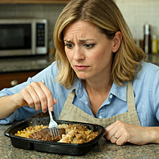 Modern housewife anxiously stirring a frozen entrée with a fork, studying the tray with concern as textures begin to shift in a quiet kitchen scene.