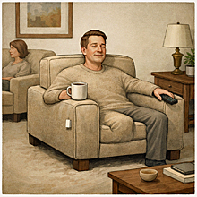 Satirical illustration of man merging into an armchair symbolizing automatic renewal of comfort routines under terms and conditions.