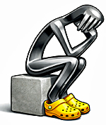 A fork sitting in The Thinker's pose wearing yellow Crocs.