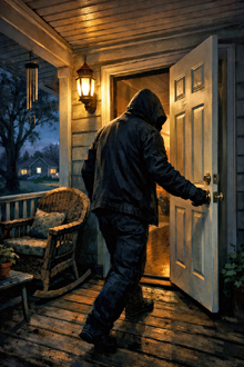 Shady figure enters a small town home at night through an unlocked door, porch light glowing, illustrating Lock Your Door Day and the cost of quiet trust.