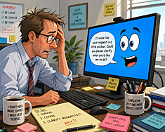 Harried office worker staring at a talking blue computer screen as artificial intelligence demands clarification in a bright modern office setting.